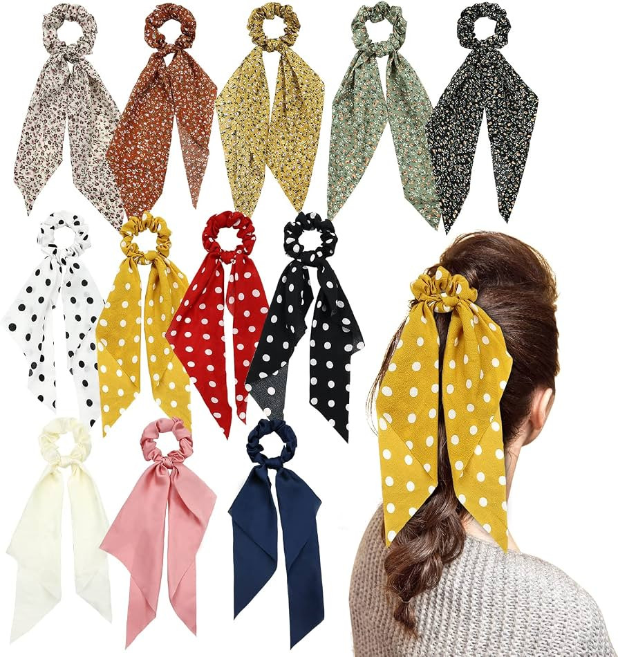 Cinaci 12 Pack Stretchy Hair Scrunchies with Long Ribbon Bow Floral Polka Dot Solid Hair Ties Ela... | Amazon (US)
