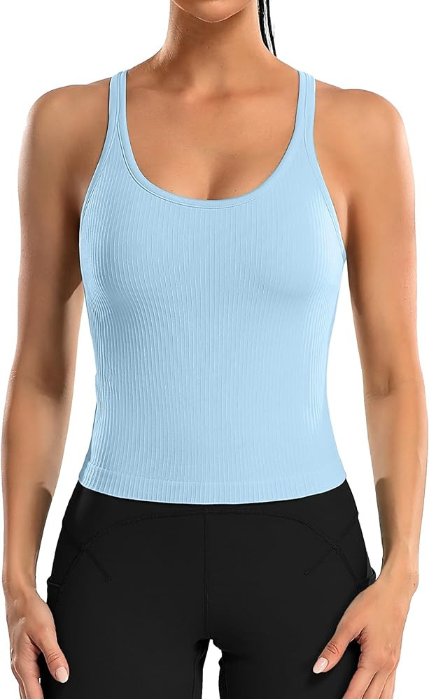 ATTRACO Women Ribbed Workout Crop Tops with Built in Bra Yoga Racerback Tank Top Tight Fit | Amazon (US)