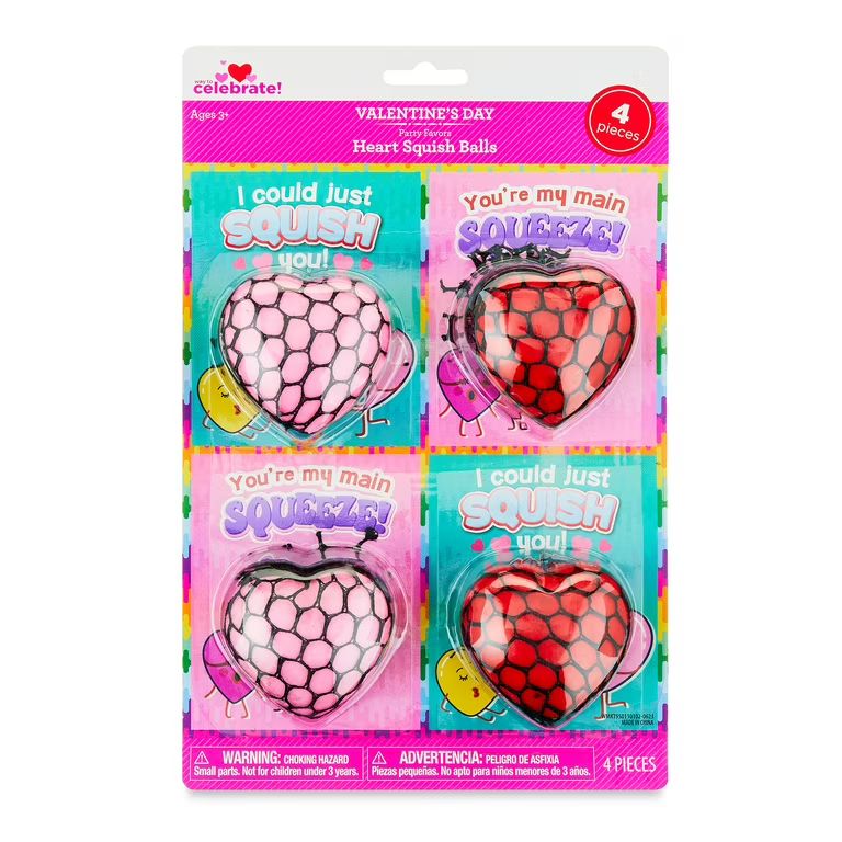 Valentine's Day Pink & Red Heart Squish Ball Party Favors, Plastic, 4 Count, by Way To Celebrate ... | Walmart (US)