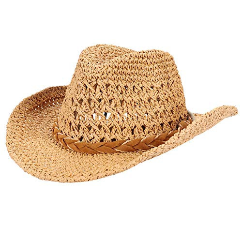 Straw Cowboy Hat Wide Brim Sun Hat Cowgirl Summer Panama Hat with Chin Strap Kid Sombrero UV Protection Travel Family Hat Khaki | Amazon (US)