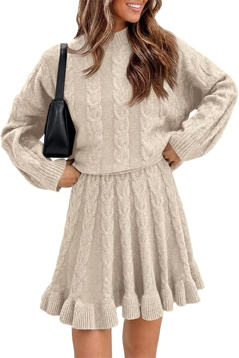 Tankaneo Womens 2 Piece Sweater Skirts Set Chunky Cable Knit Ruffle Skirt | Amazon (US)