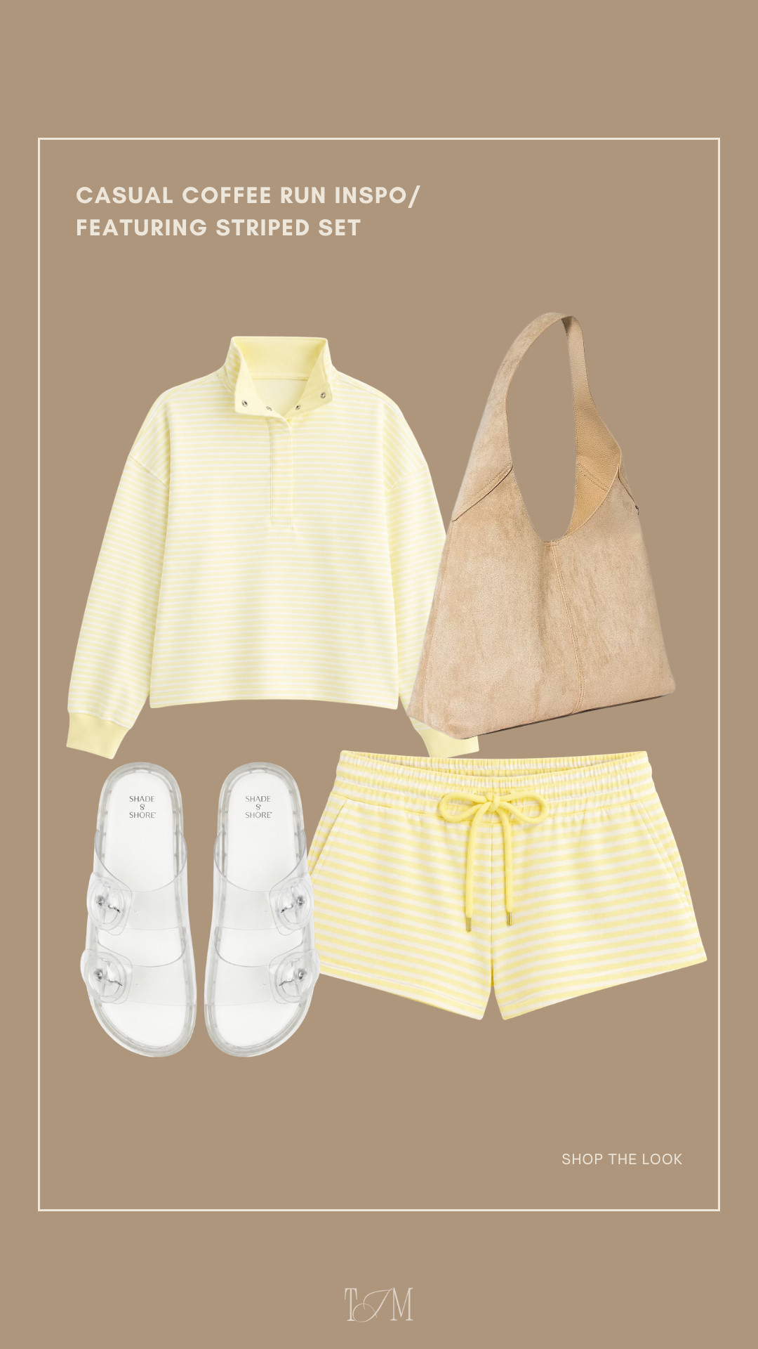 A cute and comfortable coffee-run outfit featuring a yellow striped pullover, matching shorts, white sandals and a neutral shoulder bag.
wedding guest dress summer, summer outfits over 40, summer dresses, country concert outfits, vacation outfits beach, date night outfits, teacher outfits, plus size fashion, work outfits, business casual workwear 

 #LTKgrwm #LTKootd #LTKSeasonal