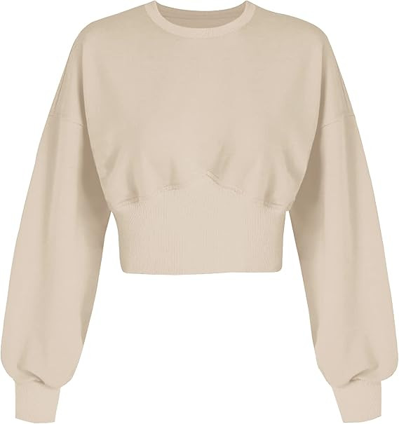 MISSACTIVER Women Casual Crewneck Crop Sweatshirt Solid Long Sleeve Drop Shoulder Pullovers Ribbe... | Amazon (US)