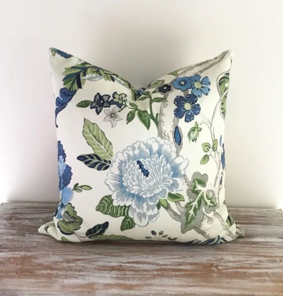 Jacobean Floral Blue and Ivory Cushion Covers Pillow Covers - Etsy | Etsy (US)