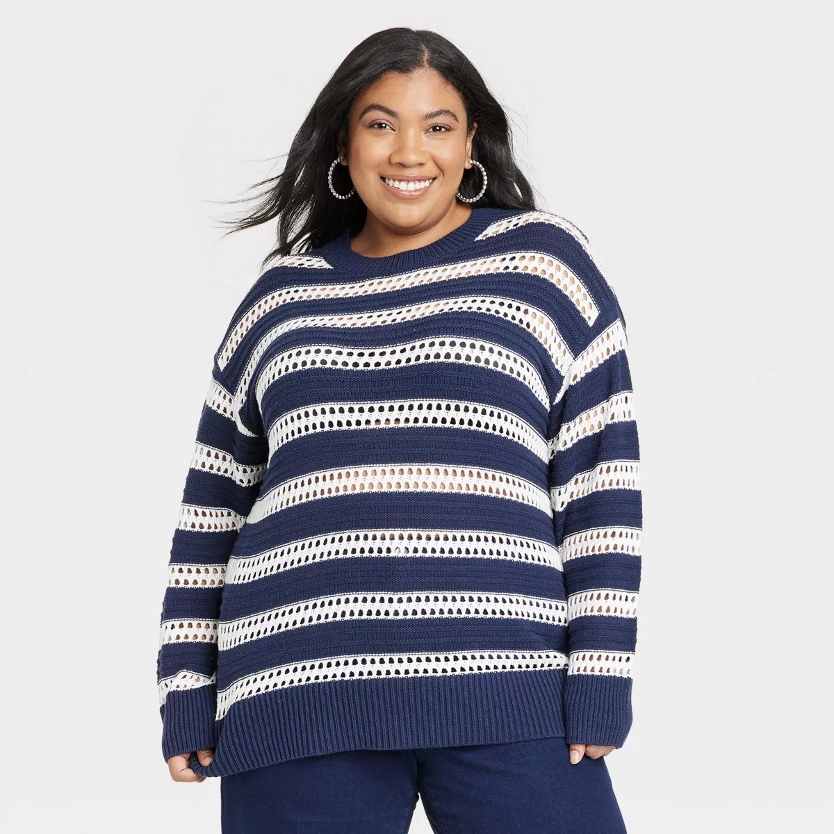 Women's Crewneck Crochet Sweater - Ava & Viv™ Yellow Striped 2X | Target
