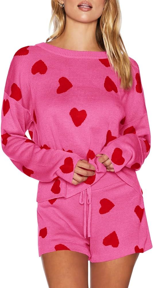 Alyweatry Women Valentine’s Day Pajamas Set Hearts Print Long Sleeve Knitted Pullover Sweater w... | Amazon (US)