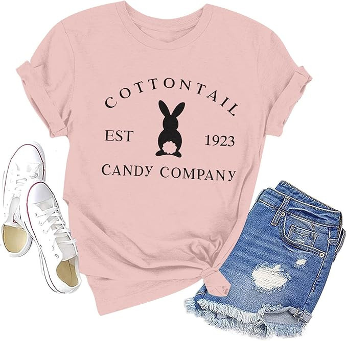 MOUSYA Women Easter Shirt Cute Cottontail Bunny Graphic Tee Christian Rabbit Tops Casual Crew Nec... | Amazon (US)
