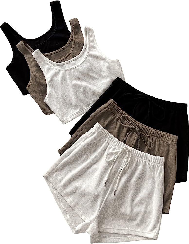 SheIn Women's 6 Pieces Outfits Crop Tank Top and Elastic Waist Shorts Lounge Set | Amazon (US)