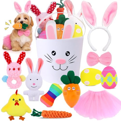 RUEGGVAT 12 Pcs Easter Dog Toys Basket Set Include Dog Squeaky Toy Bunny Costume Plush Easter Eggs Bunny Carrot Shape Stuffed Toy Interactive Chew Toys Easter Gifts for Puppy Small Medium Dogs | Amazon (US)