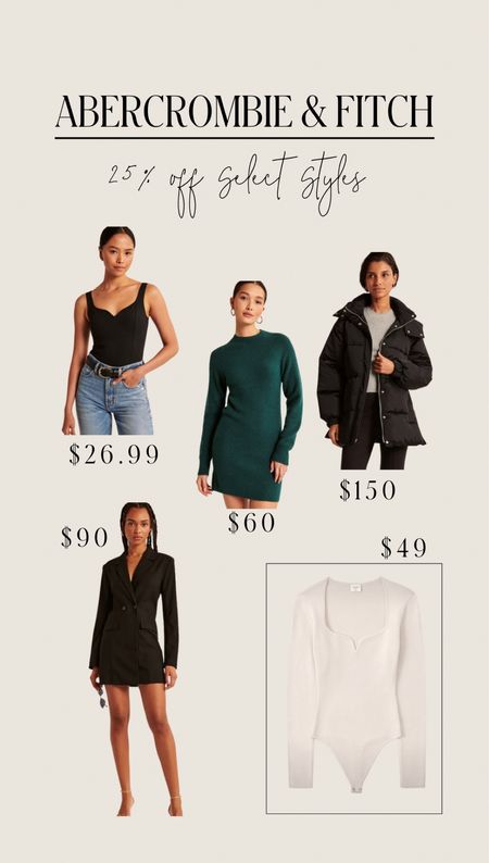 Abercrombie sale! Love these winter styles. Puffer, bodysuit, knit sweater dress, and blazer dress.

#LTKSeasonal #LTKitbag #LTKsalealert