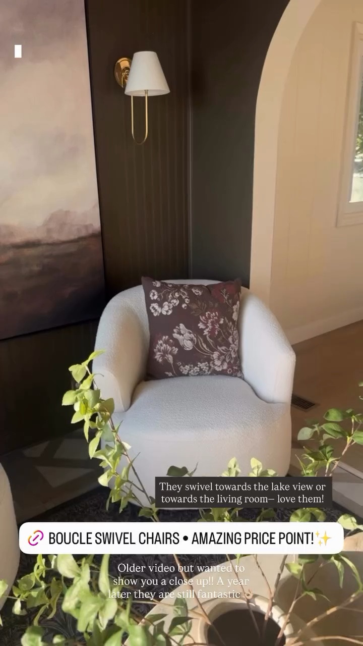Walmart boucle chairs!! 
A year later they are still fantastic 👌🏼 They swivel towards the lake view or towards the living room— love them!