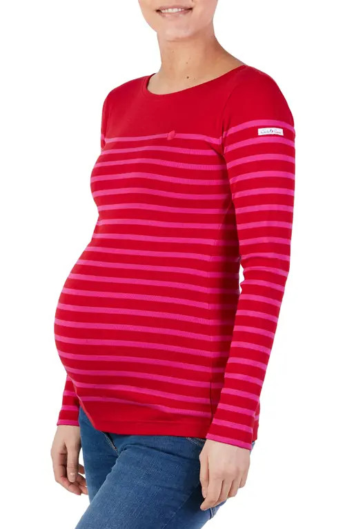 Cache Coeur x Armor Lux C'est La Vie Stripe Organic Cotton Maternity Top in Red/Fuschia at Nordstrom, Size Large | Nordstrom