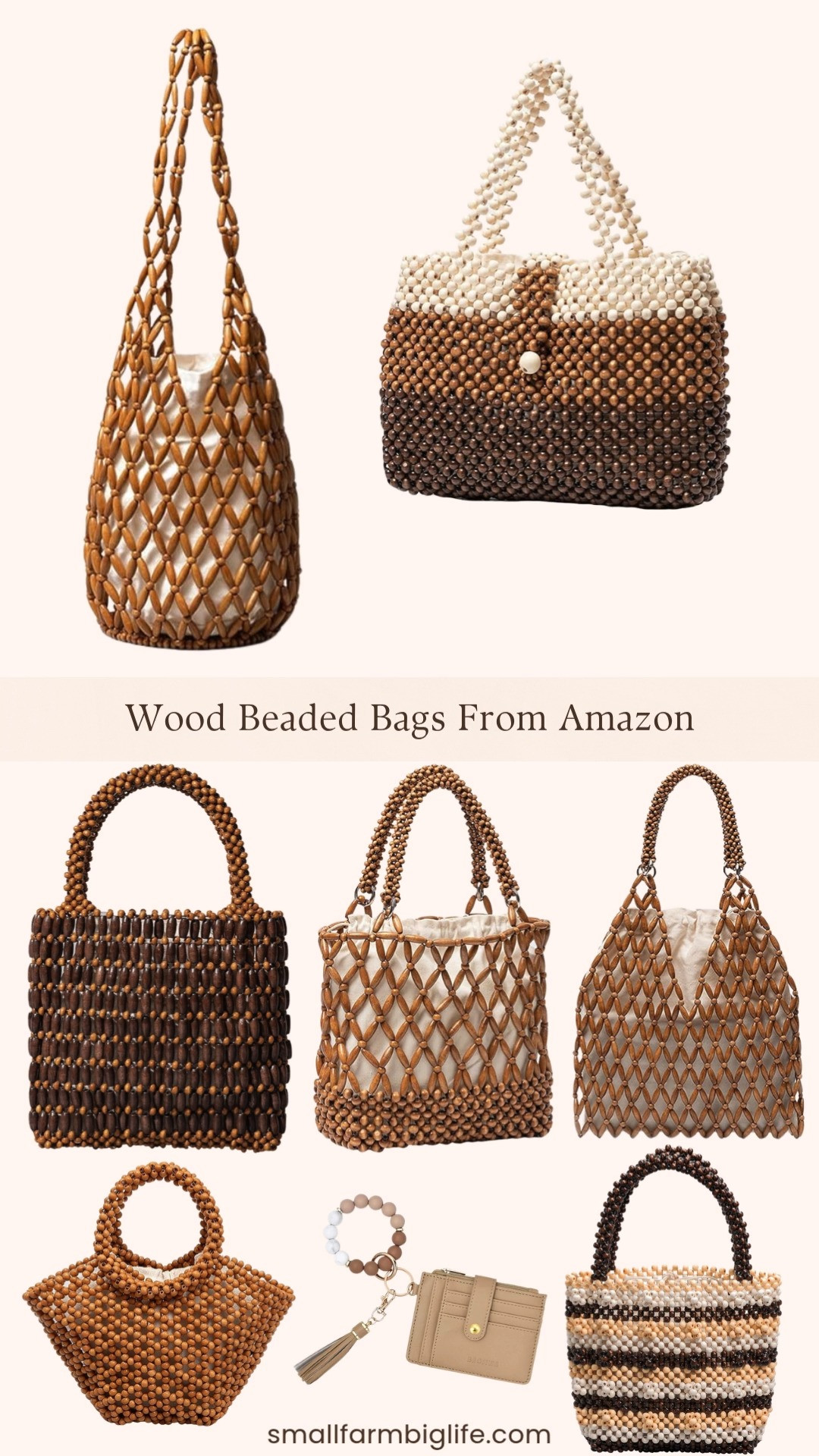 Wood beaded bags are having such a moment right now and Amazon has the most beautiful options at prices you are not going to believe 🌿👜 I rounded up my favorites: a tan silicone bracelet keychain wallet that is so cute and practical, a brown wood bead bucket hobo purse, a brown beige and white striped small woven wooden bead tote bag, a brown and white striped Molodo wooden bead purse, a brown bucket bag with liner Molodo wooden bead purse, a brown bead mesh hobo tote purse, a brown small woven wooden bead tote bag, and a brown women's retro wooden handbag. These bags are so unique and have the most beautiful handcrafted look and feel to them. They are the perfect accessory for spring and summer outfits, vacation, beach days, and any time you want to add a little texture and bohemian charm to your look. Everything is linked and the prices on these are so good! 🛒 

 #LTKootd #LTKOver40 #LTKTravel