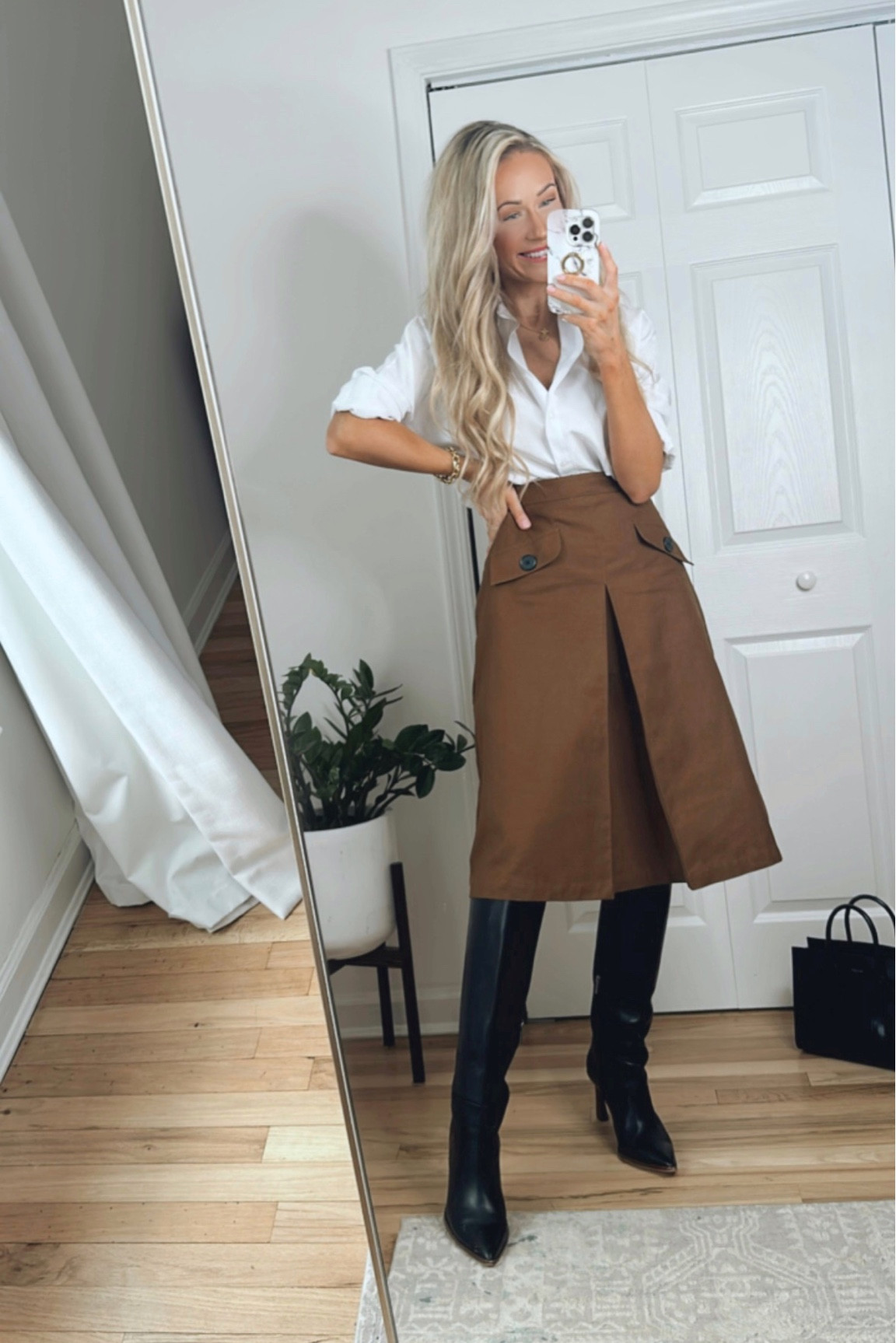 brown skirt outfit winter
