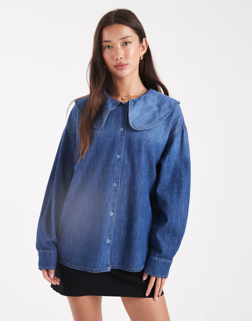 ONLY oversized collar denim blouse in mid blue | ASOS (Global)