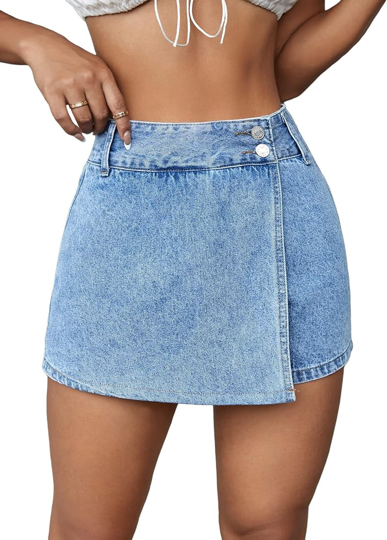 WDIRARA Women's Wrap Button Front Asymmetrical Hem Denim Skort Pocket Skirt Shorts | Amazon (US)