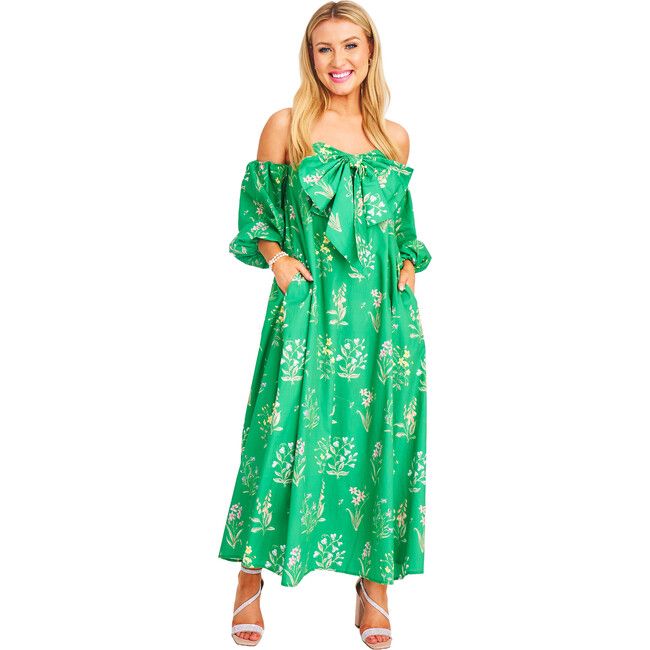 Women's The Blair Scalloped Neck Chest Bow Dress, Green Garden Floral | Maisonette