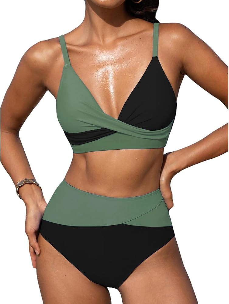 SYKT Women's Bikini Sets Two Piece V Neck Twist Suit Tummy Control Swimsuits High Waisted Bottom | Amazon (CA)