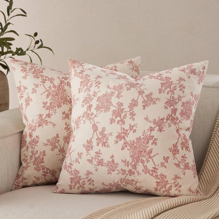100% Cotton French Pastoral Throw Pillow Covers Set of 2, 18x18 Inch Red Farmhouse Decorative Cus... | Amazon (US)