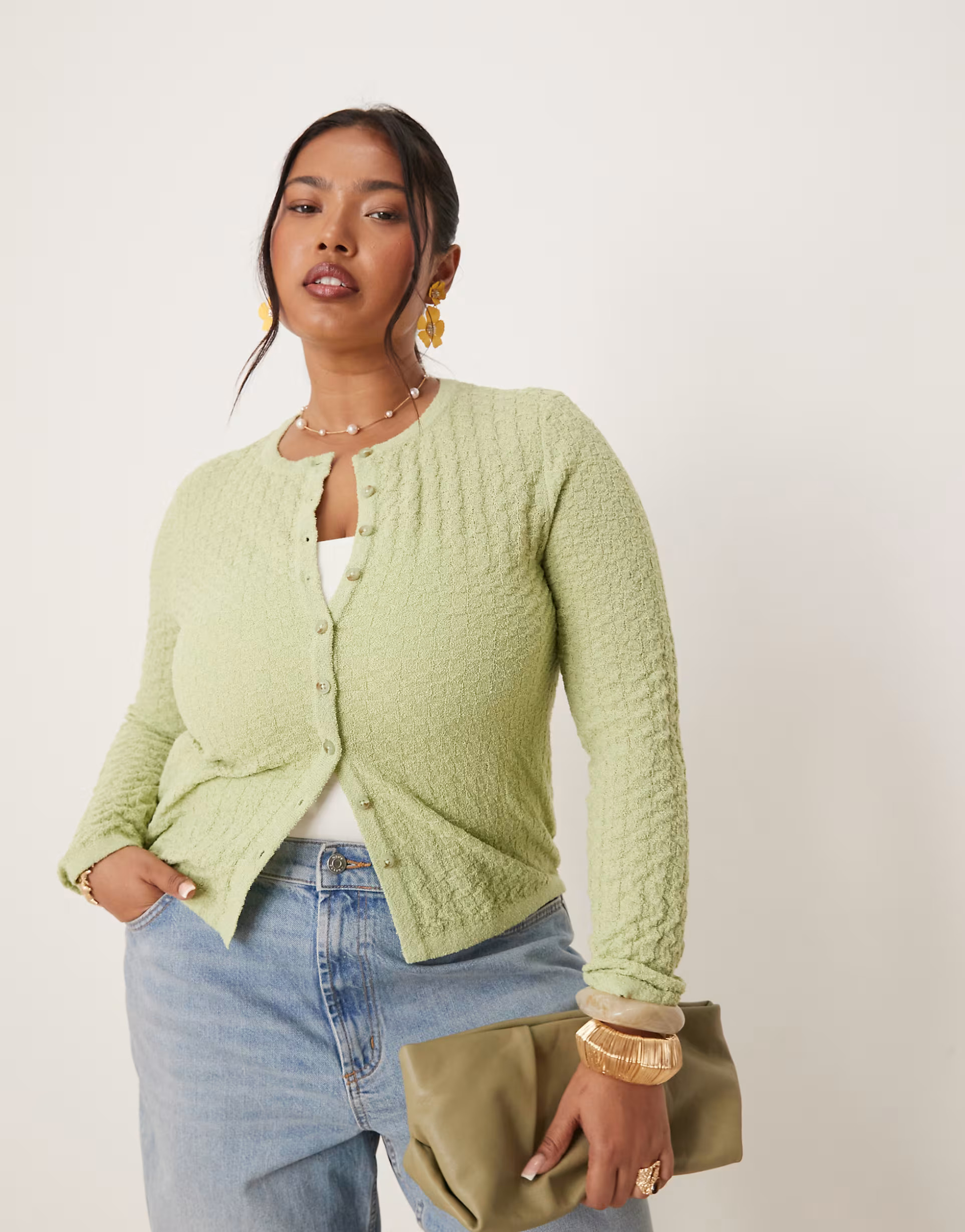 ASOS DESIGN Curve knitted stitch detail crew neck cardigan in sage | ASOS (Global)