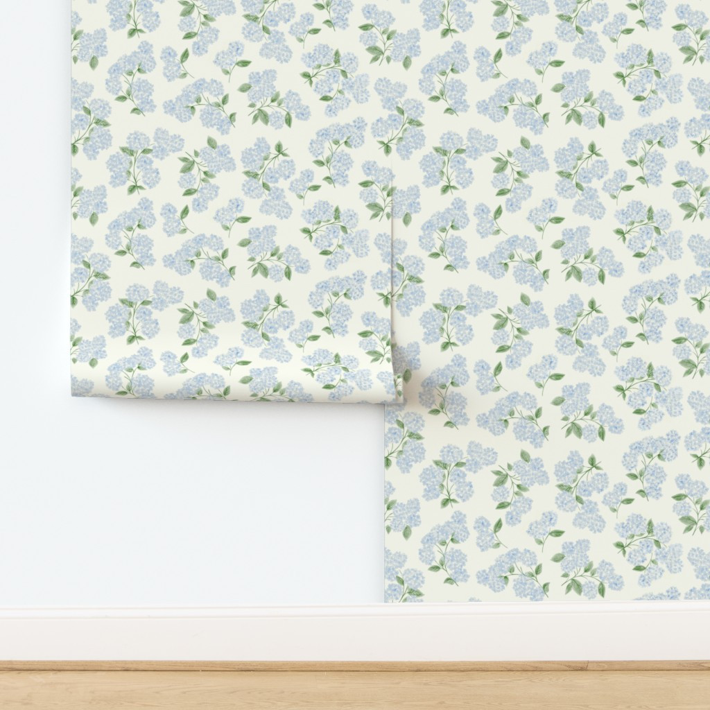 Soft Light Blue Watercolor Hydrangeas on Cream - Grandmillennial (S) Wallpaper | Spoonflower | Spoonflower