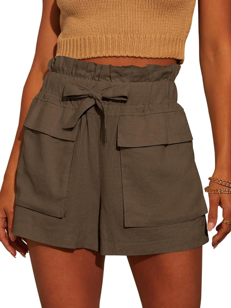 Linen Shorts for Women Ruffled High Waisted Casual Wide Leg Utility Shorts with Pockets | Amazon (US)