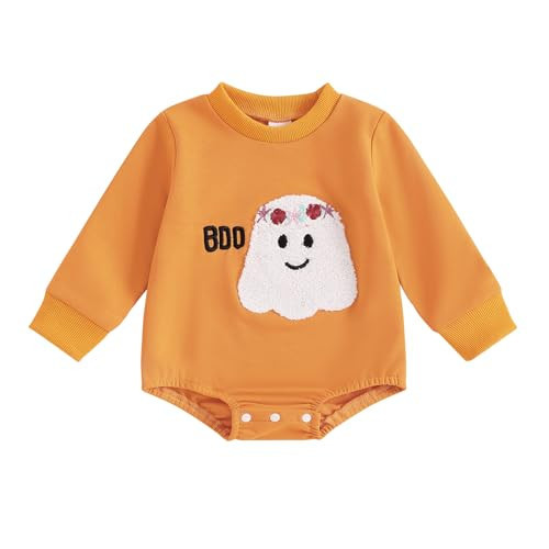 FIOMVA Baby Girl Boy Halloween Outfit Fall Newborn Bubble Romper Cute Infant Oversized Sweatshirt Bodysuit Winter Clothes (C Cute Spooky Boo Orange,6-12 Months) | Amazon (US)