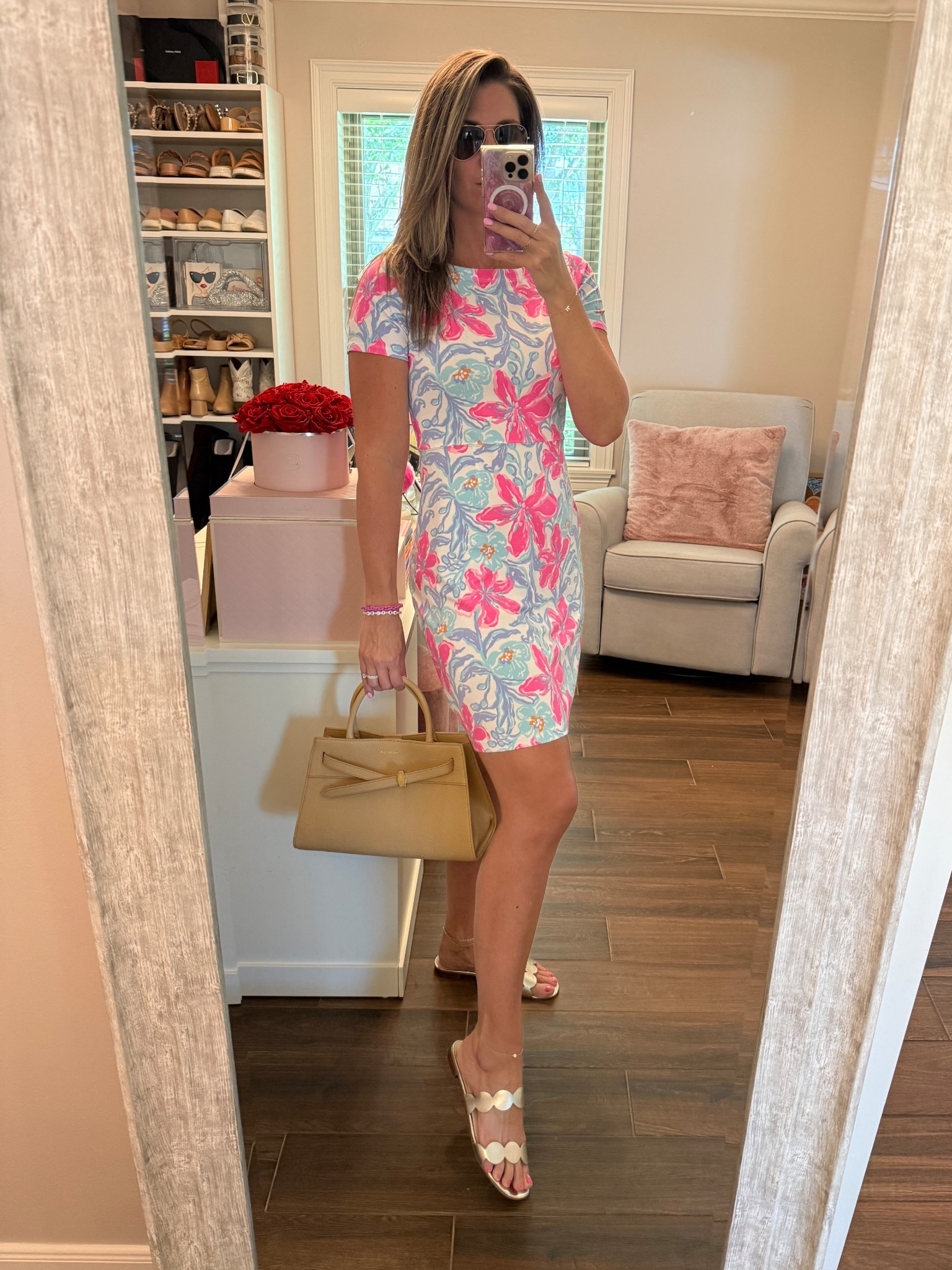 Debuting this new gem of a handbag which exudes luxury and sophistication without the steep price tag. At under $500 (on sale!) this neutral shade will easily match all your looks. Also available in 5 other colors. 

This comfy dress was perfect for a 100 degree day and is available in another print. Runs TTS. Wearing size S.

Sandals run TTS. (If in between sizes size down.) The gold really dresses up a look even though they’re flat!

#LTKOver40 #LTKSaleAlert #LTKItBag