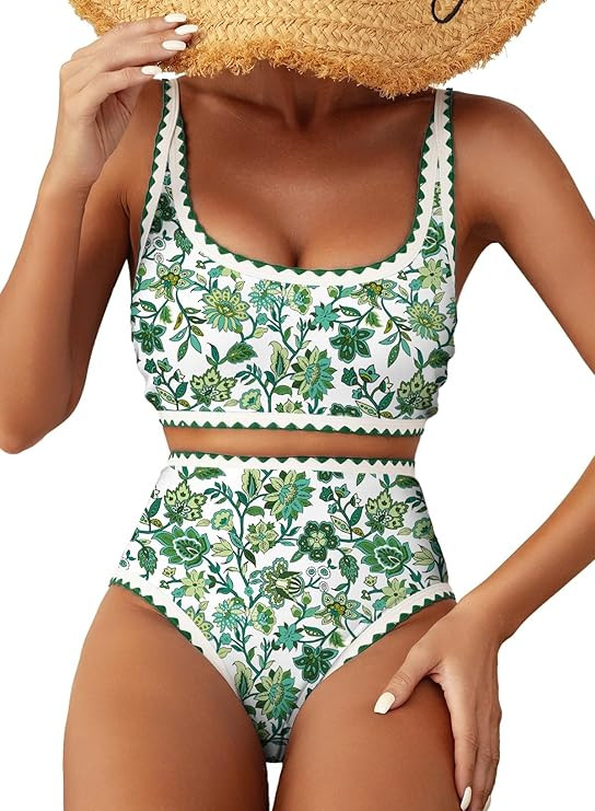 Herseas Women's Bikini Sets Floral Print Whip Stitch 2 Piece Swimsuits High Waisted Scoop Bathing... | Amazon (US)