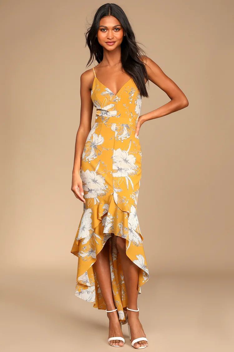 Darling Daylily Mustard Yellow Floral Print High-Low Maxi Dress | Lulus
