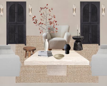 Serene calm neutral living room
#coffeetable
#travertine
#decor
#amazondecor
#accentchair 
#cabinets
#endtable
#cheistmasdecor

#LTKHoliday #LTKhome #LTKstyletip