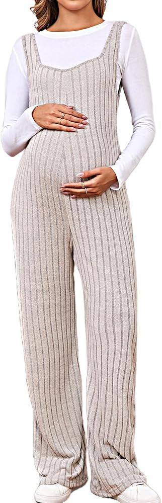 MakeMeChic Women's Maternity Jumpsuits Sleeveless Rib Knitted Straight Leg Overalls Romper | Amazon (US)