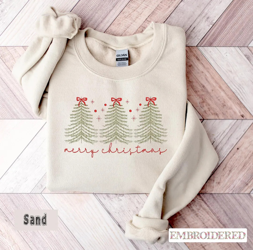 Merry Christmas Embroidered Sweatshirt, Christmas Trees Jumper, Cute Christmas Hoodie, Holiday Cr... | Etsy (US)