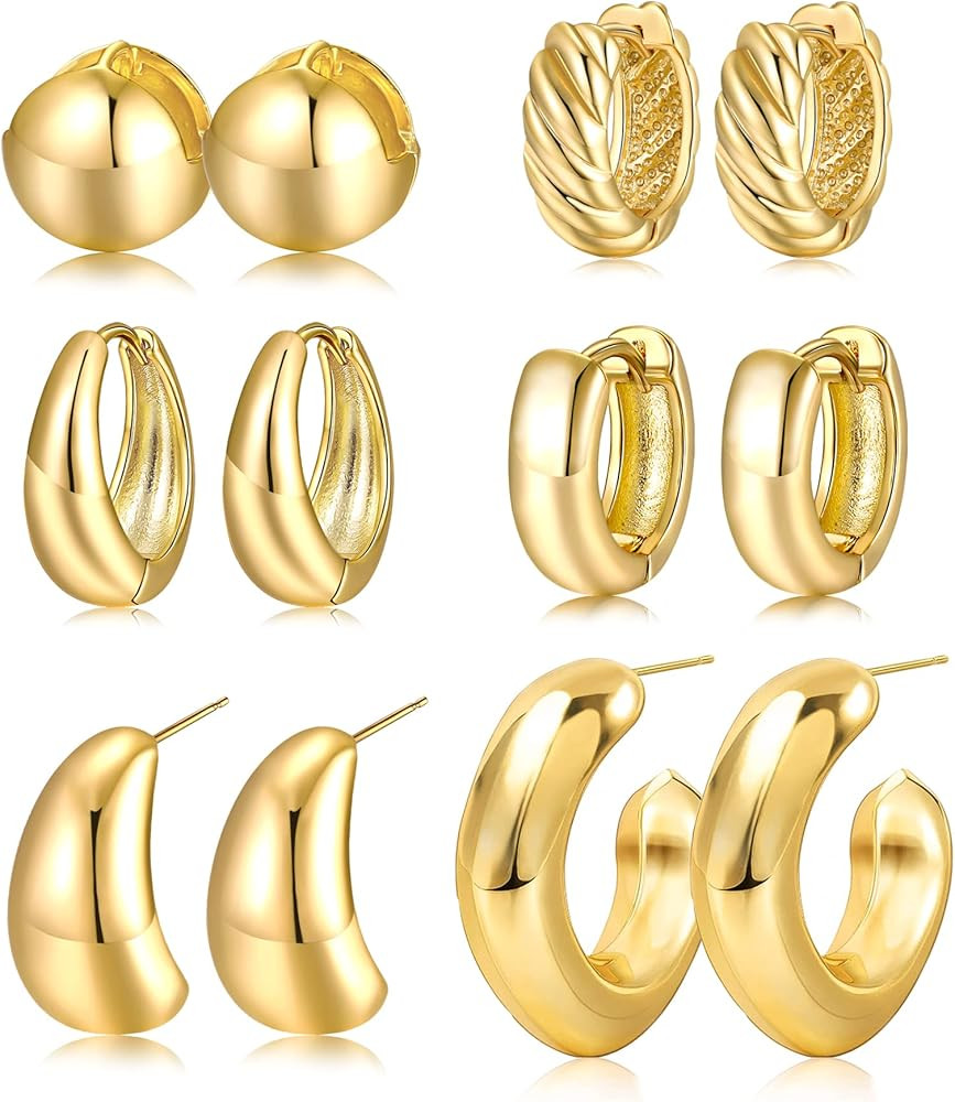 Small Chunky Gold Earrings Set | 14K Gold Plated Thick Huggie Drop Hoops Earrings Pack | Gold Hoo... | Amazon (CA)