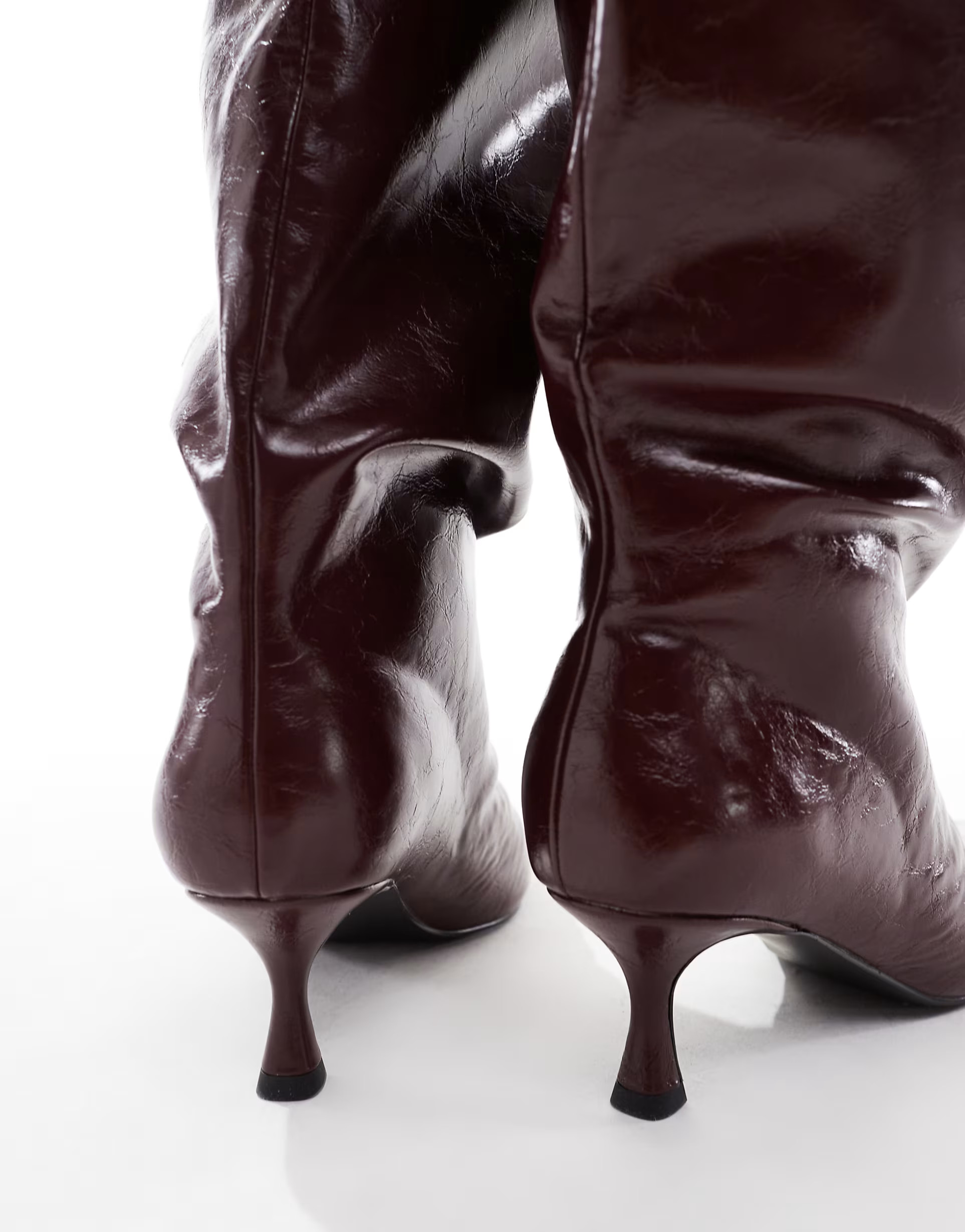 ASOS DESIGN Curve Crimson pull-on kitten heel knee boots in burgundy | ASOS (Global)