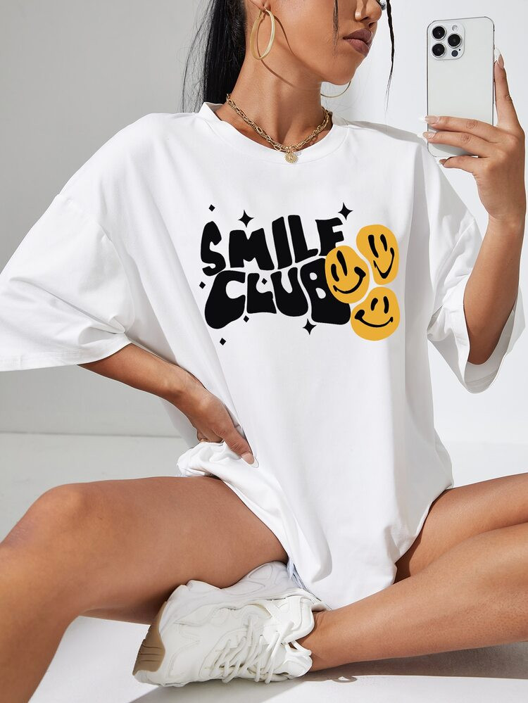 Expression & Letter Print Drop Shoulder Tee | SHEIN