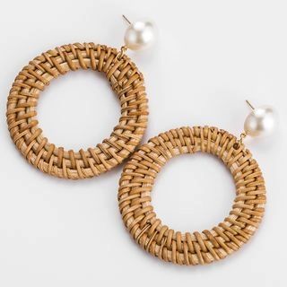 Woven Straw Faux Pearl Hoop Earring As Shown In Figure - One Size | YesStyle Global