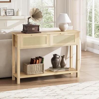 Entryway Console Table with rattan drawers. This wood sofa table offers storage, perfect for narrow hallways, living rooms, or foyers，Natural Wood | Target