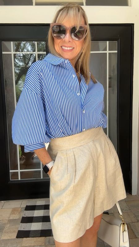 Breathing new life into old shorts with this button up striped shirt. It’s a favorite already. Wearing a size small. I love the ruched sleeves- no cuffing needed! 

#LTKStyleTip #LTKOver40 #LTKVideo