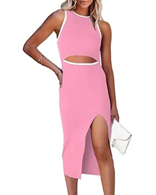 ONIRIKE Womens Cutout Bodycon Dress Sleeveless Crew Neck Slim Ribbed Knit Midi Dresses with Side ... | Amazon (US)
