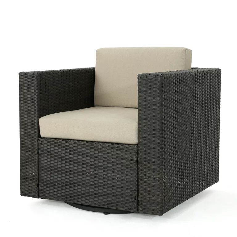 GDF Studio Venice Outdoor Wicker Swivel Club Chair with Cushions, Dark Brown and Beige | Walmart (US)