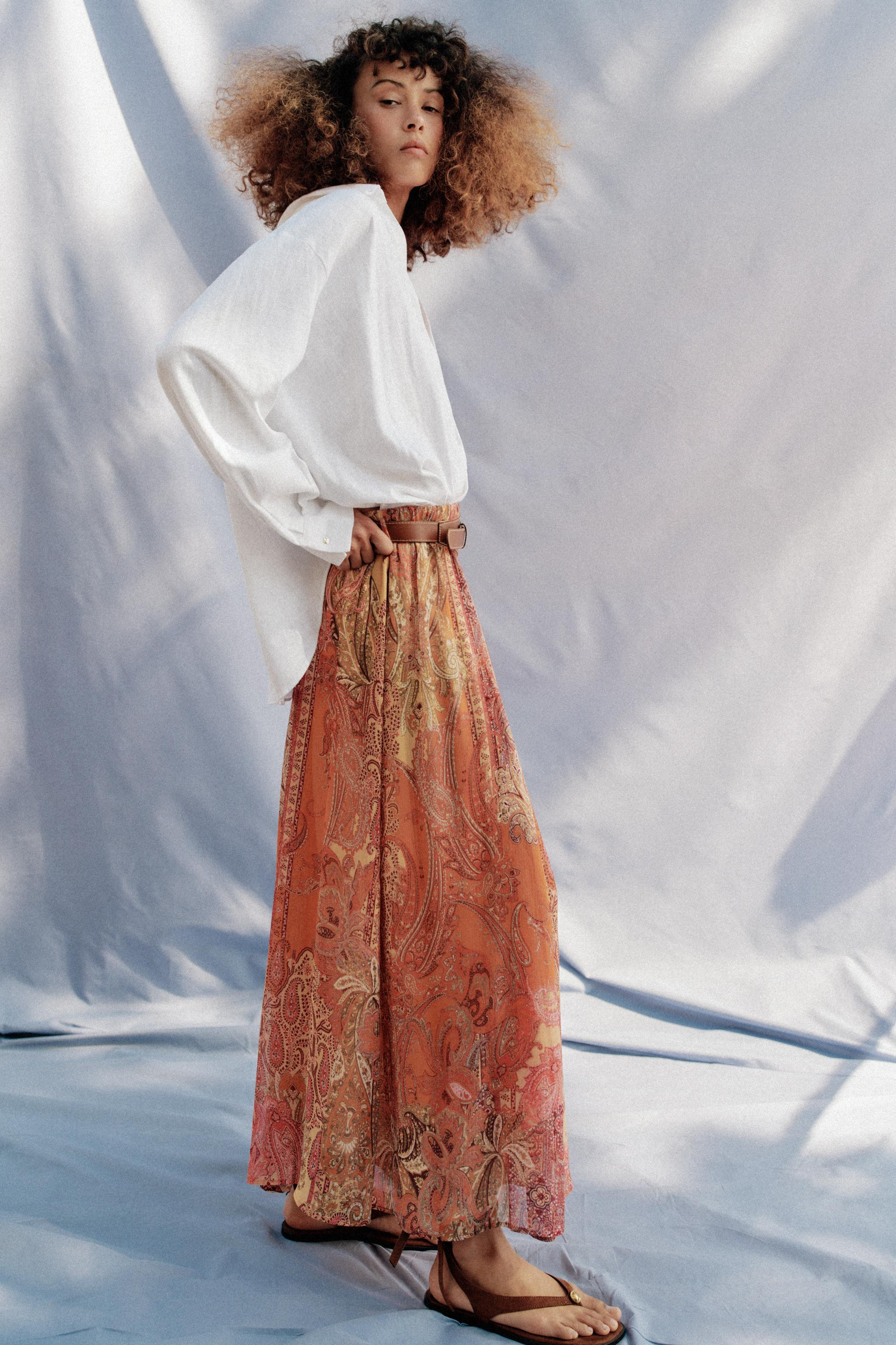 PRINTED MIDI SKIRT WITH BELT | Zara US