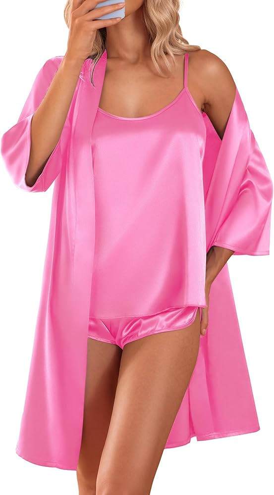 Ekouaer Womens Satin Pajamas with Silk Robe 3 Piece Sexy Pj Sleepwear Cami Tank and Shorts Set S-... | Amazon (US)