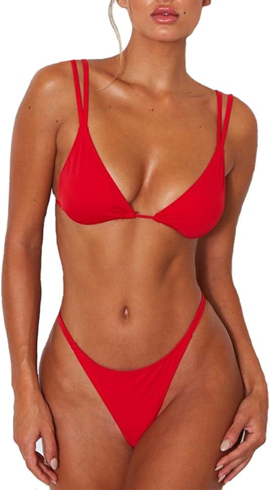 Women's Sexy Thong Bottom Two Piece Bikini Double Shoulder Straps Cute Swimsuit Triangle Bathing | Amazon (US)