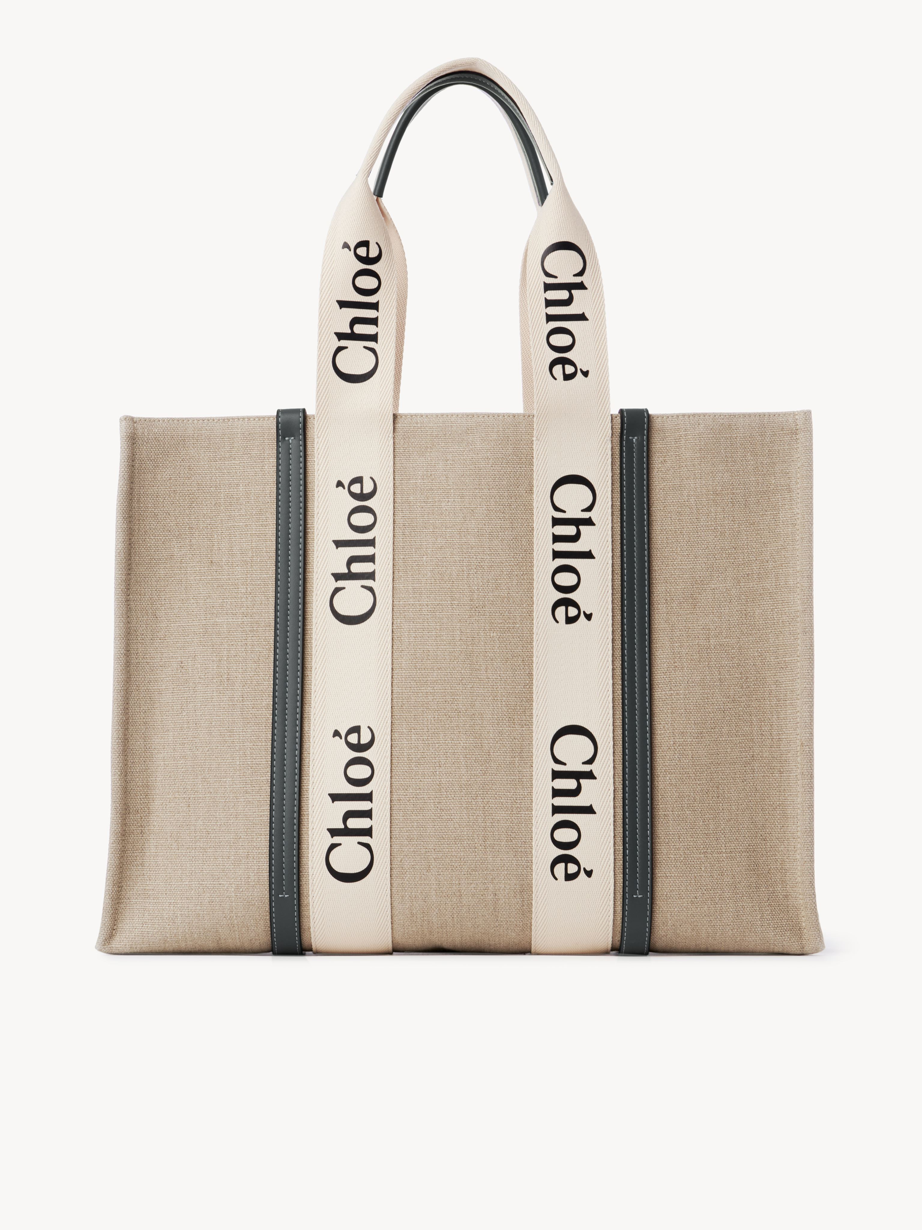 CHLOÉ Large Woody tote bag White Size OneSize 100% Linen, Calf-skin leather, Polyester | Chloe US