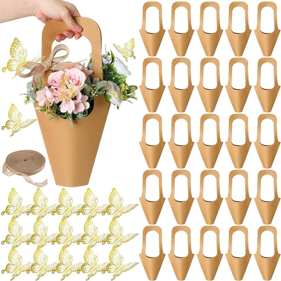 48 Pcs Kraft Paper Flower Gift Bags Bouquet Bags with Handle and 48 Pcs 3D Gold Butterfly Sticker... | Amazon (US)