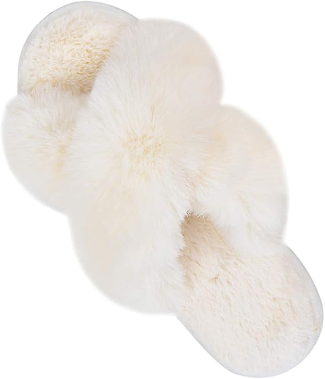 Women's Cross Band Slippers Soft Plush Furry Cozy Rabbit Fur House Shoes Flip Flop Open Toe Indoo... | Amazon (US)
