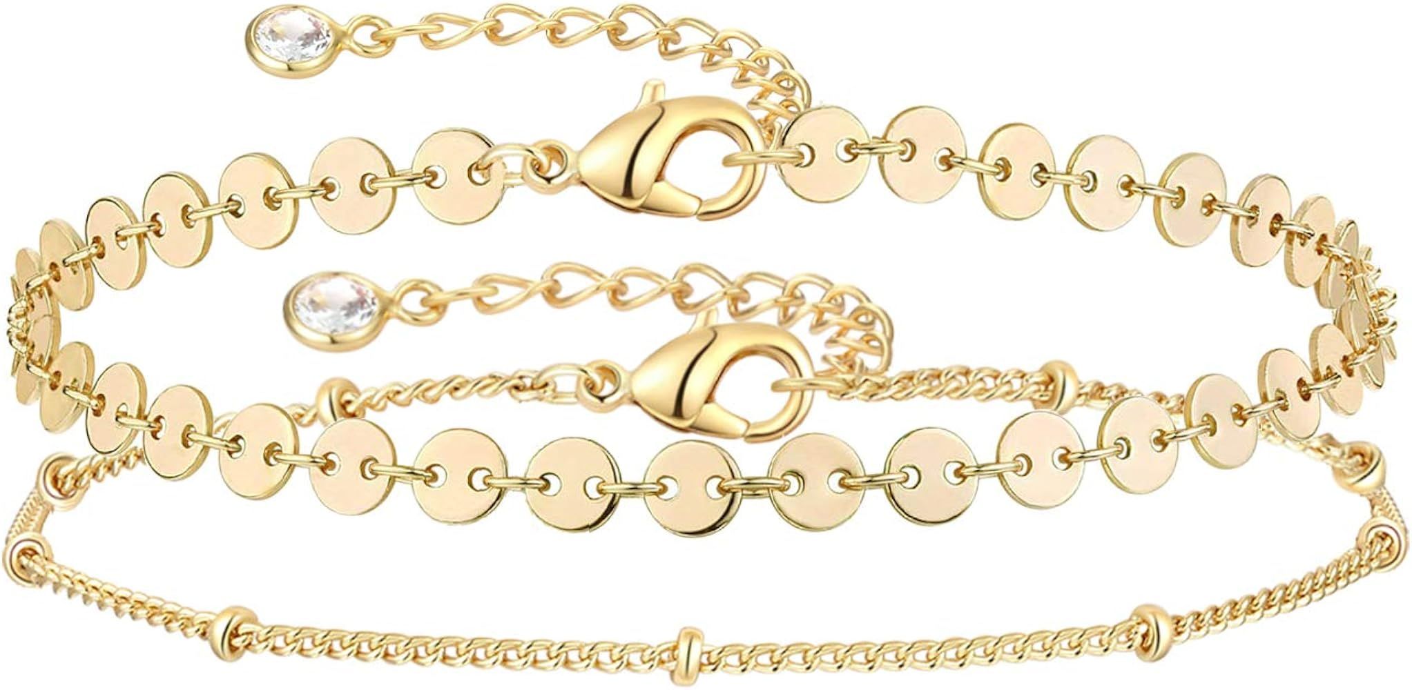 Dainty Layered Gold Chain Bracelet for Women 14K Gold Plated Handmade Adjustable Bracelet Satelli... | Amazon (US)