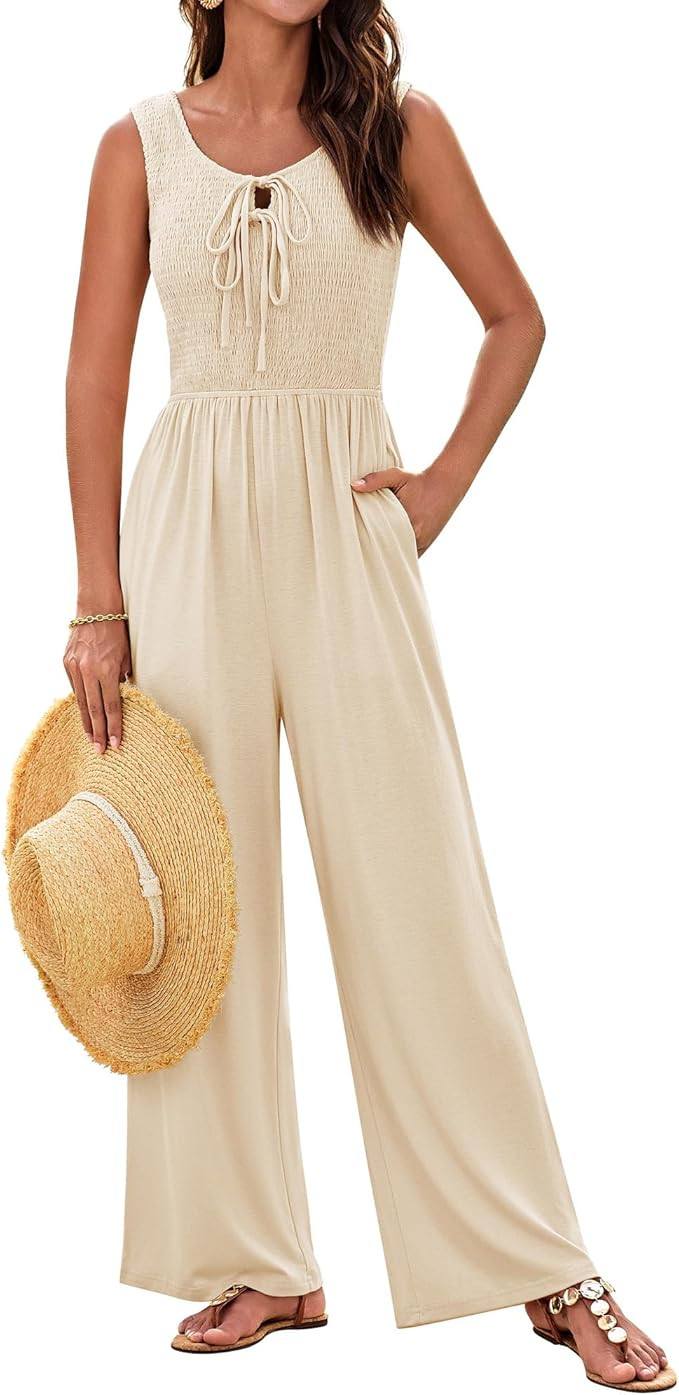 GRACE KARIN Jumpsuits for Women Bow Tie Front Overalls Smocked Tops Wide Legs Casual Knitted Outf... | Amazon (US)