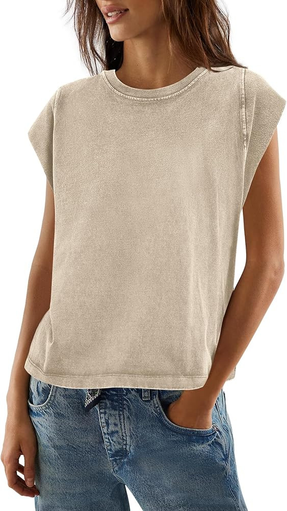 ReachMe Womens Oversized Acid Wash Tshirts Crew Neck Cap Sleeve Casual Tops Vintage Summer Shirts | Amazon (US)